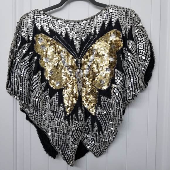 Hand Stitched All SILK Butterfly Sequined Top c.1970-1980 - Picture 2 of 7